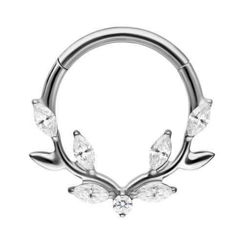 Silberner Septum Clicker mit Kristall-Blatt-Design auf weißem Hintergrund