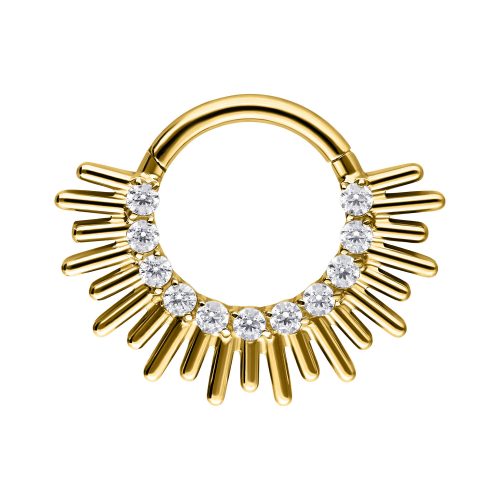 Goldener Septum Clicker mit strahlenförmigen Kristallen auf weißem Hintergrund