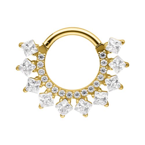 Goldener Septum Clicker mit funkelnden Zirkonia-Steinen auf weißem Hintergrund