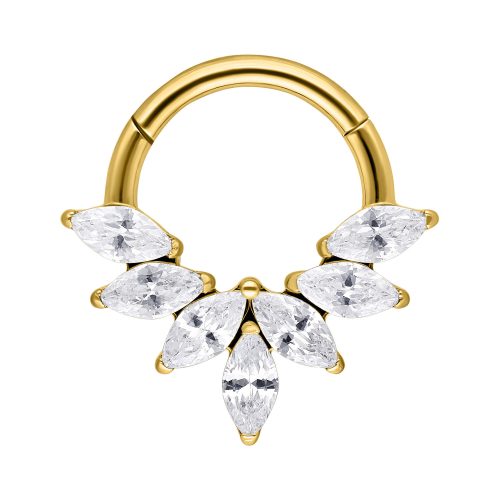 Goldener Septum Clicker mit Marquise Kristallen auf weißem Hintergrund