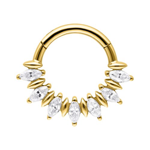 Goldener Septum Clicker mit funkelnden Marquise-Steinen auf weißem Hintergrund