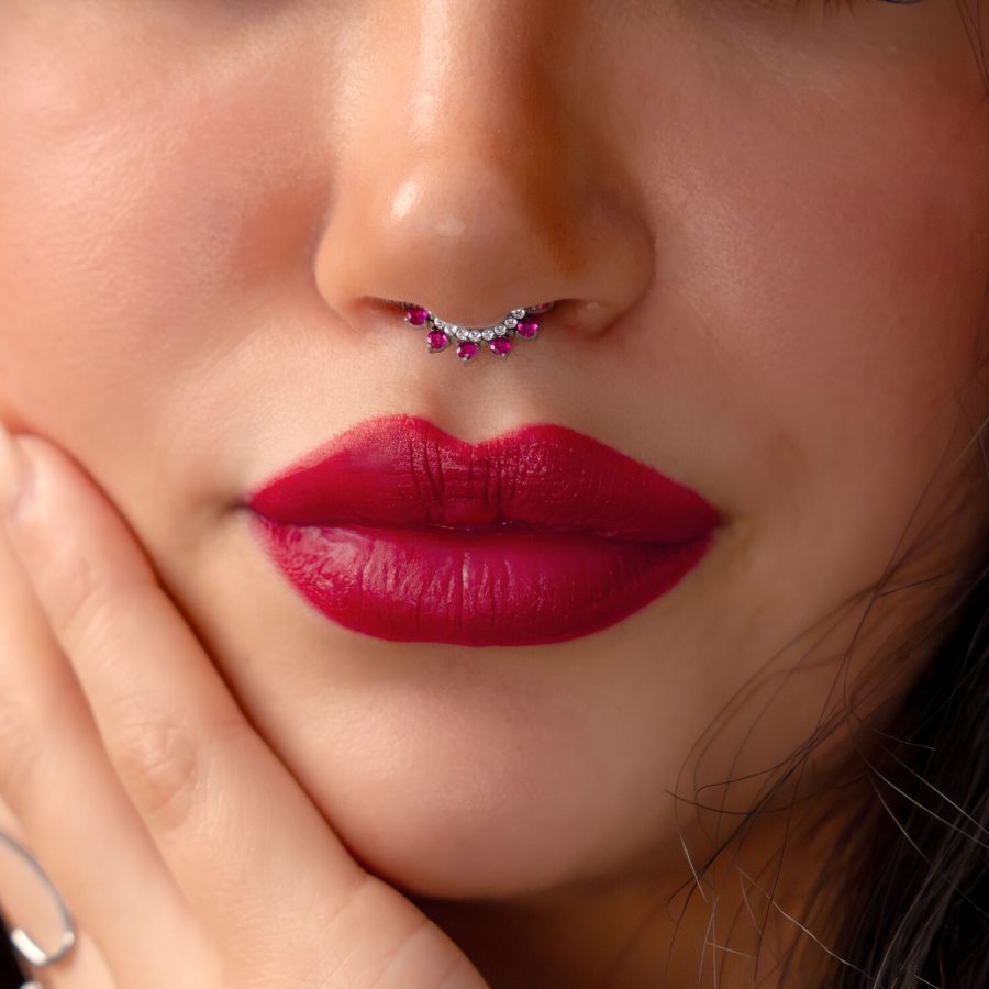 Nahaufnahme eines Gesichts mit silbernem Septum-Piercing und roten Kristallen
