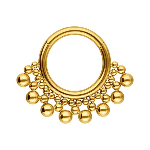 Goldener Septum Clicker mit Kugelverzierungen auf weißem Hintergrund