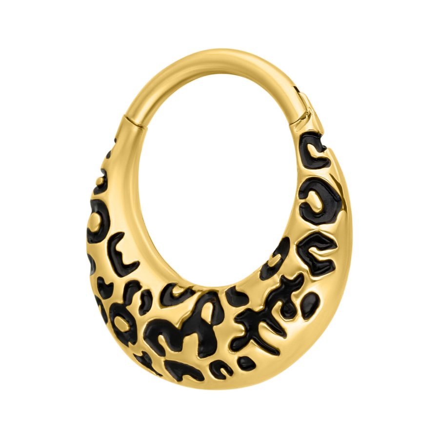 Goldener Septum Clicker mit schwarzem Leopardenmuster auf weißem Hintergrund
