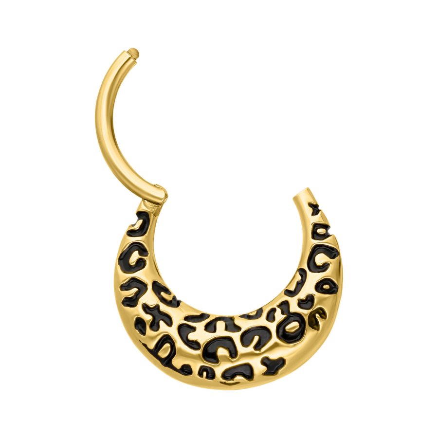 Goldener Septum Clicker mit Leopardenmuster auf weißem Hintergrund