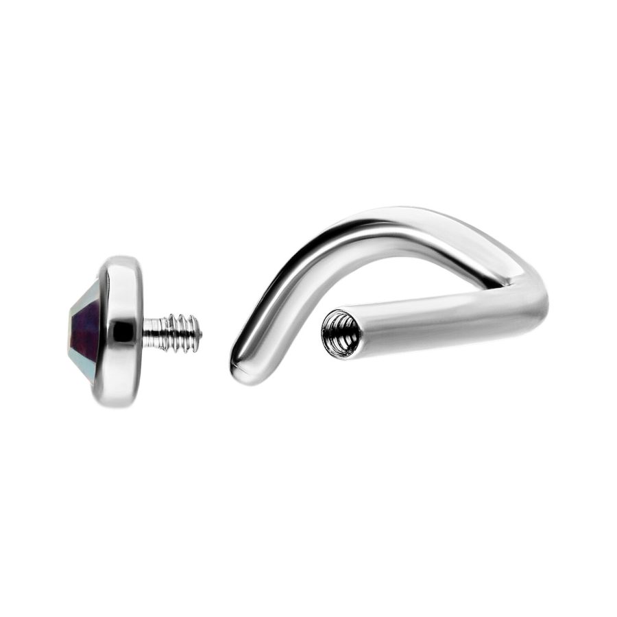 Silberner Nasenstecker aus Titan mit Aurora Boreale Kristall, zeigt Gewinde und gebogene Form.