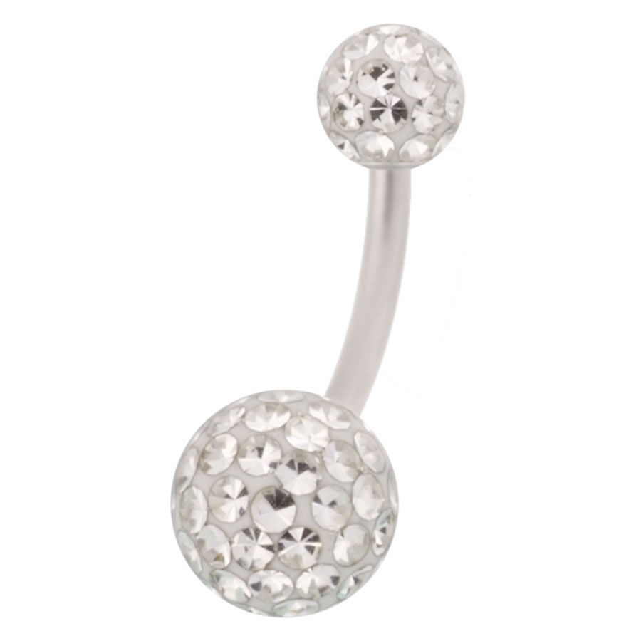 Silbernes Bauchnabelpiercing mit klaren Kristallen auf weißem Hintergrund