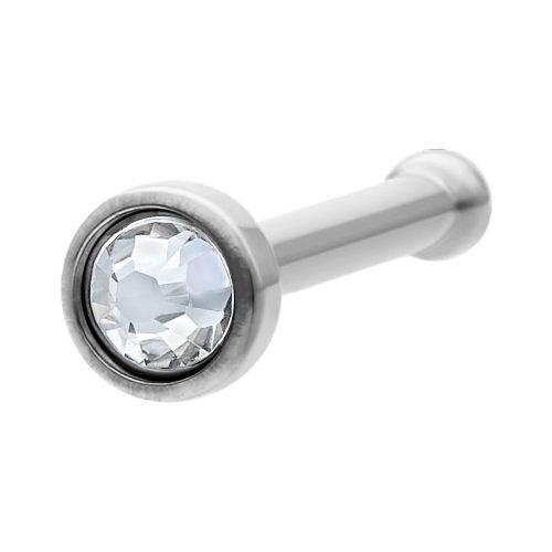 Silberner Nasenstecker aus Titan mit kristallklarem Stein auf weißem Hintergrund