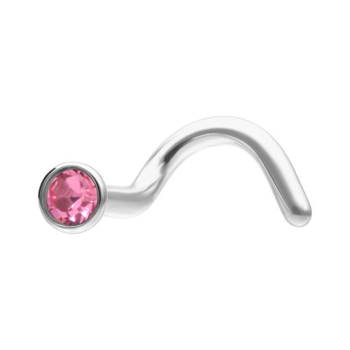 Silberner Nasenstecker mit rosa Kristall auf weißem Hintergrund