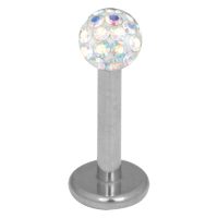 Silberner Titan Labret mit 3,0 mm Aurora Boreale Kristall auf weißem Hintergrund