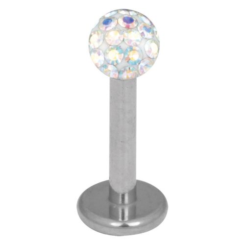 Silberner Titan Labret mit 3,0 mm Aurora Boreale Kristall auf weißem Hintergrund