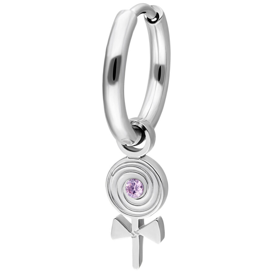 Silberner Creolen-Ohrring mit lila Stein und Venus-Symbol-Anhänger