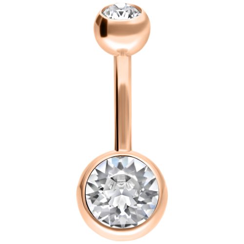 Roségoldenes Bauchnabelpiercing mit kristallklaren Steinen auf weißem Hintergrund