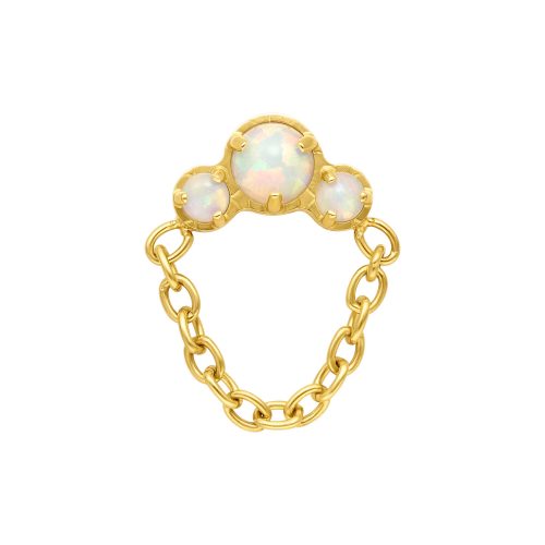 Goldener Push Fit Opal mit drei Steinen und Kettenverbindung auf weißem Hintergrund