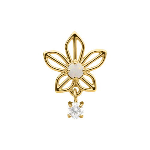 Goldener Piercingaufsatz in Form einer Jasminblüte mit Opal und hängendem Zirkonia
