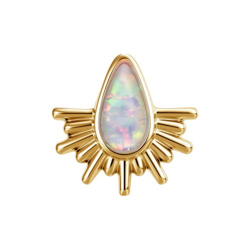 Goldener Aufsatz mit synthetischem Opal und Sonnenstrahlen-Design auf weißem Hintergrund
