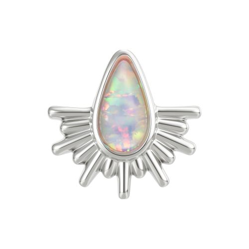 Tropfenförmiger Opal-Aufsatz mit silbernen Sonnenstrahlen auf weißem Hintergrund