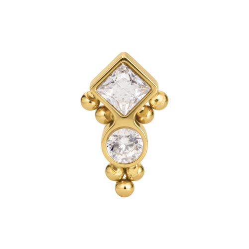 Goldener Piercing-Aufsatz mit klarem quadratischen und rundem Kristall auf weißem Hintergrund