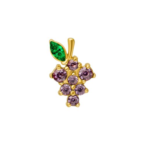 Goldener Piercingaufsatz in Traubenform mit violetten Steinen und grünem Blatt