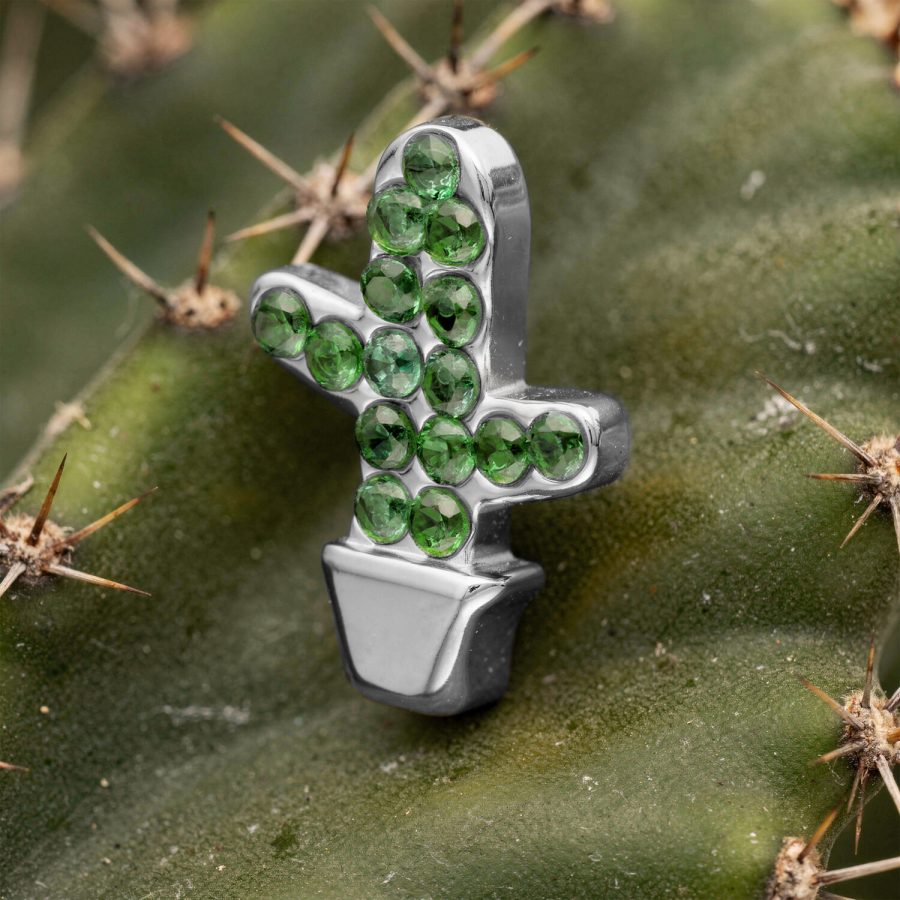 Silberner Cactus Aufsatz mit grünen Steinen auf einem Kaktus platziert