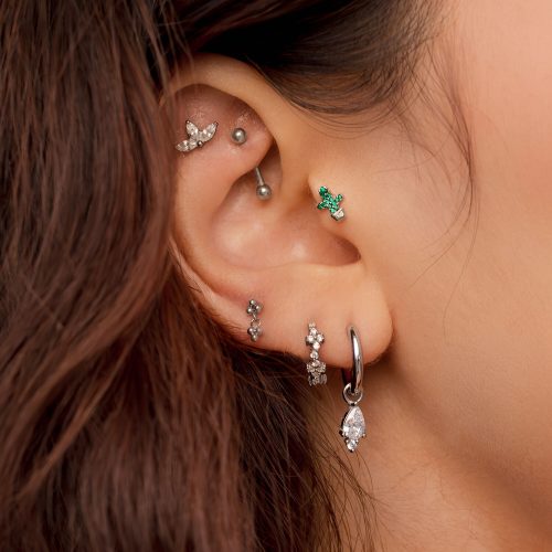Ohr mit mehreren silbernen Piercings, darunter ein Kaktusaufsatz