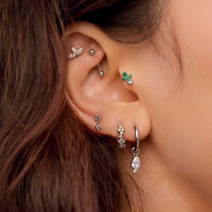 Ohr mit mehreren silbernen Piercings, darunter ein Kaktusaufsatz