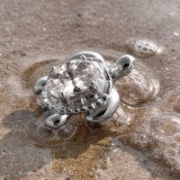 Silberner Schildkrötenaufsatz auf nassem Sand mit Blasen