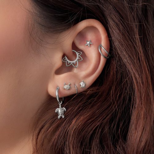 Nahaufnahme eines Ohrs mit mehreren silbernen Piercing-Aufsätzen, darunter ein Turtle-Motiv, auf braunem Haar.
