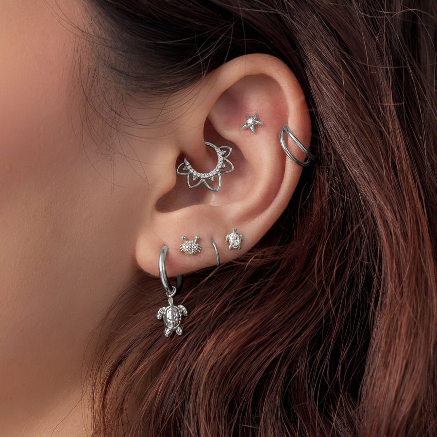 Nahaufnahme eines Ohrs mit mehreren silbernen Piercing-Aufsätzen, darunter ein Turtle-Motiv, auf braunem Haar.