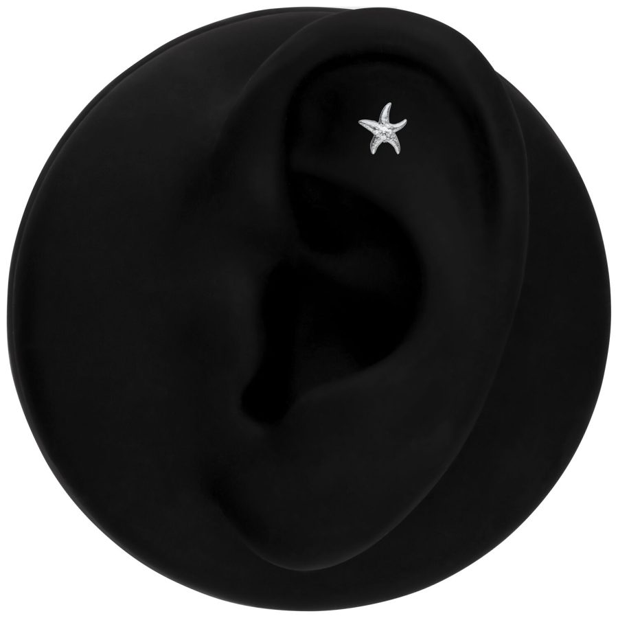 Schwarzes Ohrmodell mit silbernem Seestern-Piercingaufsatz