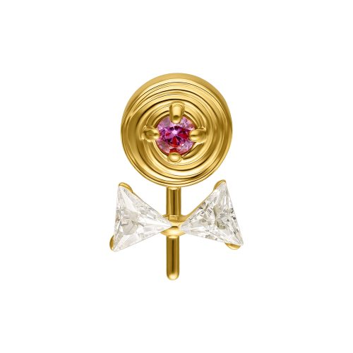 Goldener Lollipop Piercingaufsatz mit rosa Stein und zwei klaren Zirkonia, auf weißem Hintergrund