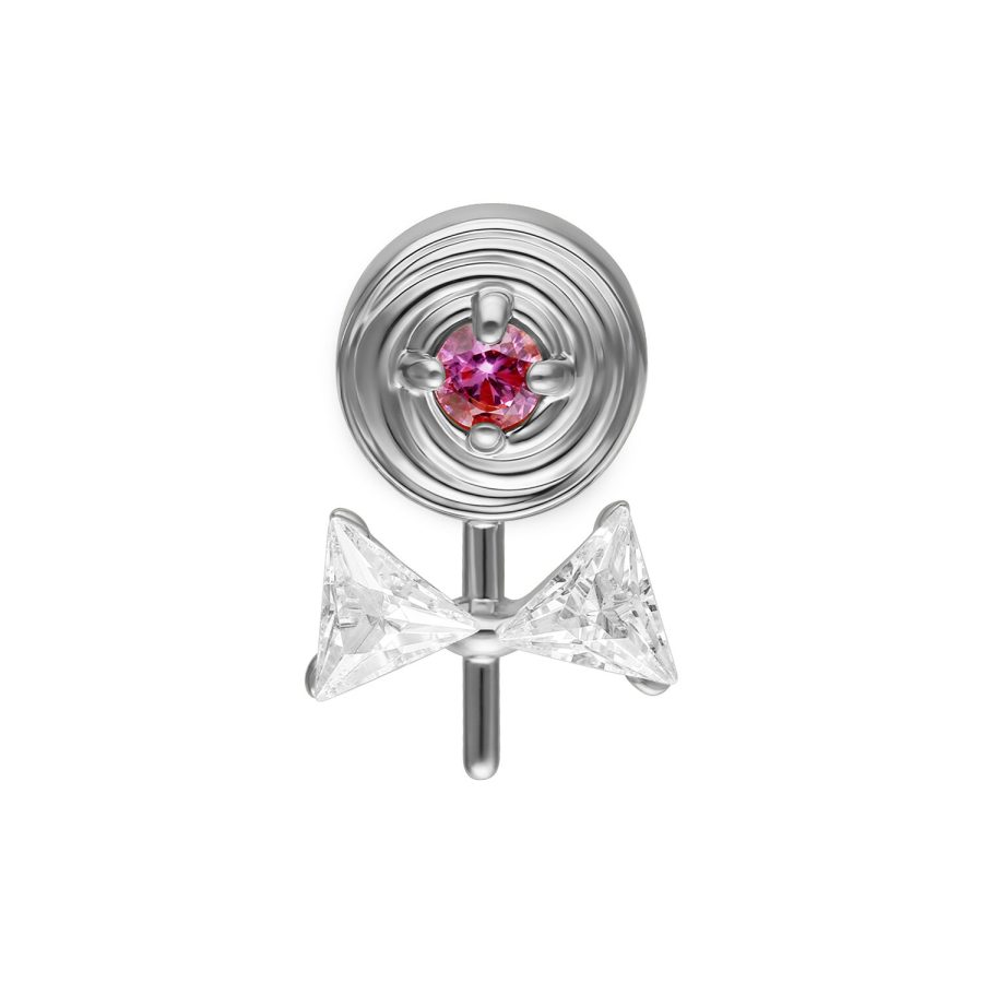 Silberner Piercingaufsatz mit rosa Stein und Zirkonia-Schleife auf Weiß