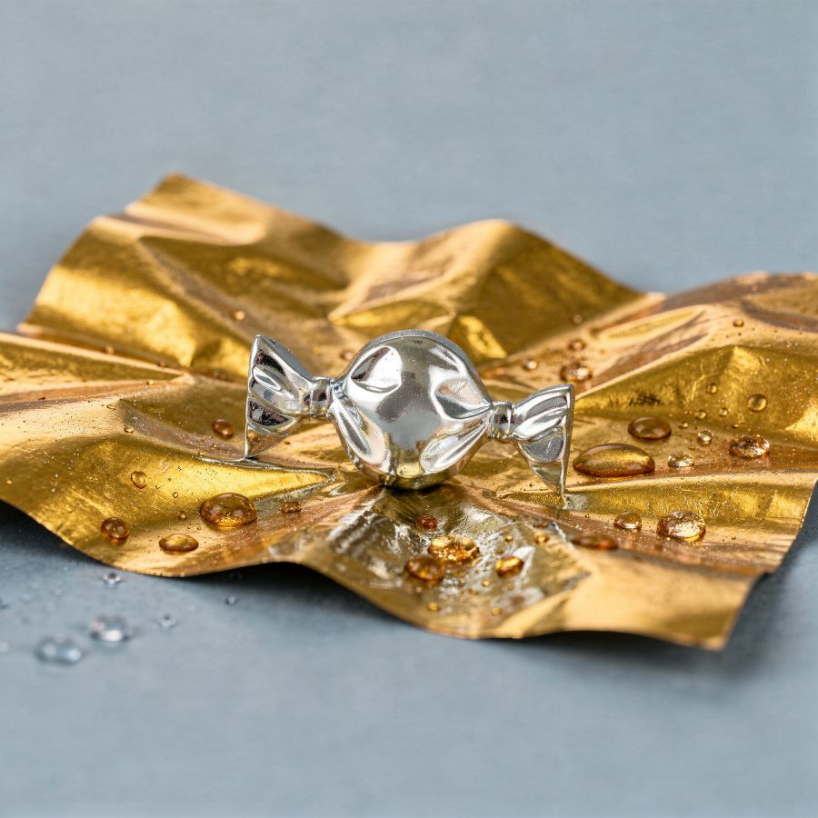 Silberner Bonbon-förmiger Piercingaufsatz auf goldener Folie mit Wassertropfen