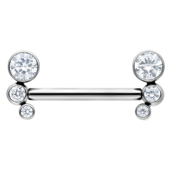 Silbernes Barbell-Piercing mit fünf klaren Kristallsteinen, horizontal ausgerichtet