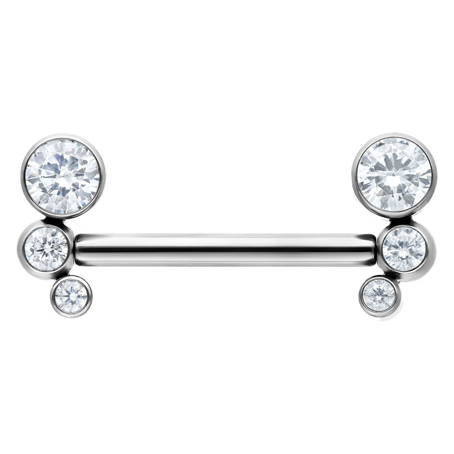 Silbernes Barbell-Piercing mit fünf klaren Kristallsteinen, horizontal ausgerichtet