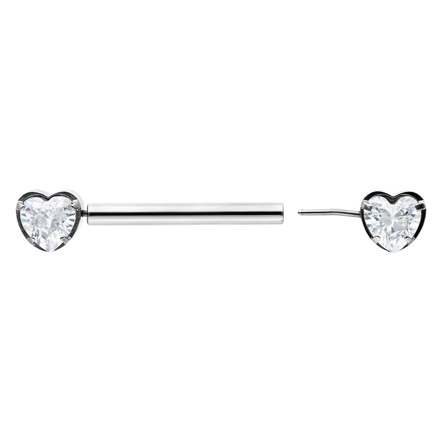 Silbernes Herz Barbell mit 12 mm Länge, ein Herzstecker und eine Herzstange auf weißem Hintergrund