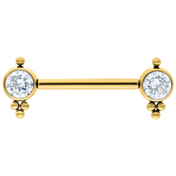Goldfarbenes Barbell mit zwei klaren Kristallen an den Enden auf weißem Hintergrund