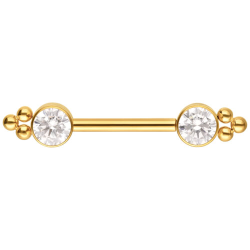 Goldene Barbell mit zwei klaren Zirkoniasteinen an den Enden auf weißem Hintergrund