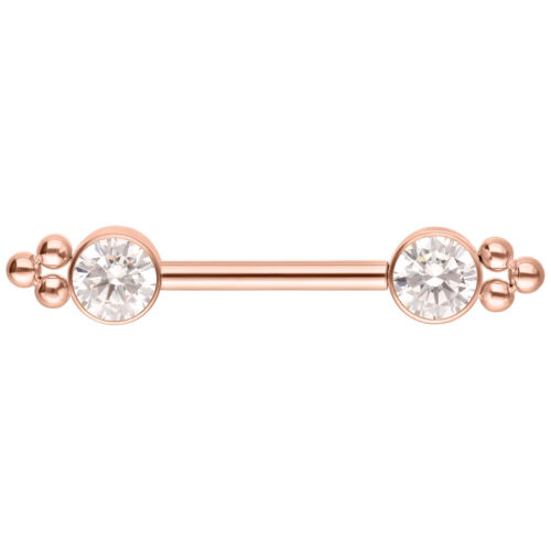 Roségoldene Barbell mit zwei Zirkonia-Enden und Kugelakzenten, auf weißem Hintergrund