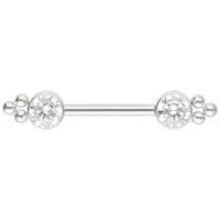 Weißgoldenes Barbell mit zwei runden Zirkonia Steinen an den Enden, auf weißem Hintergrund
