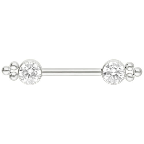 Weißgoldenes Barbell mit zwei runden Zirkonia Steinen an den Enden, auf weißem Hintergrund