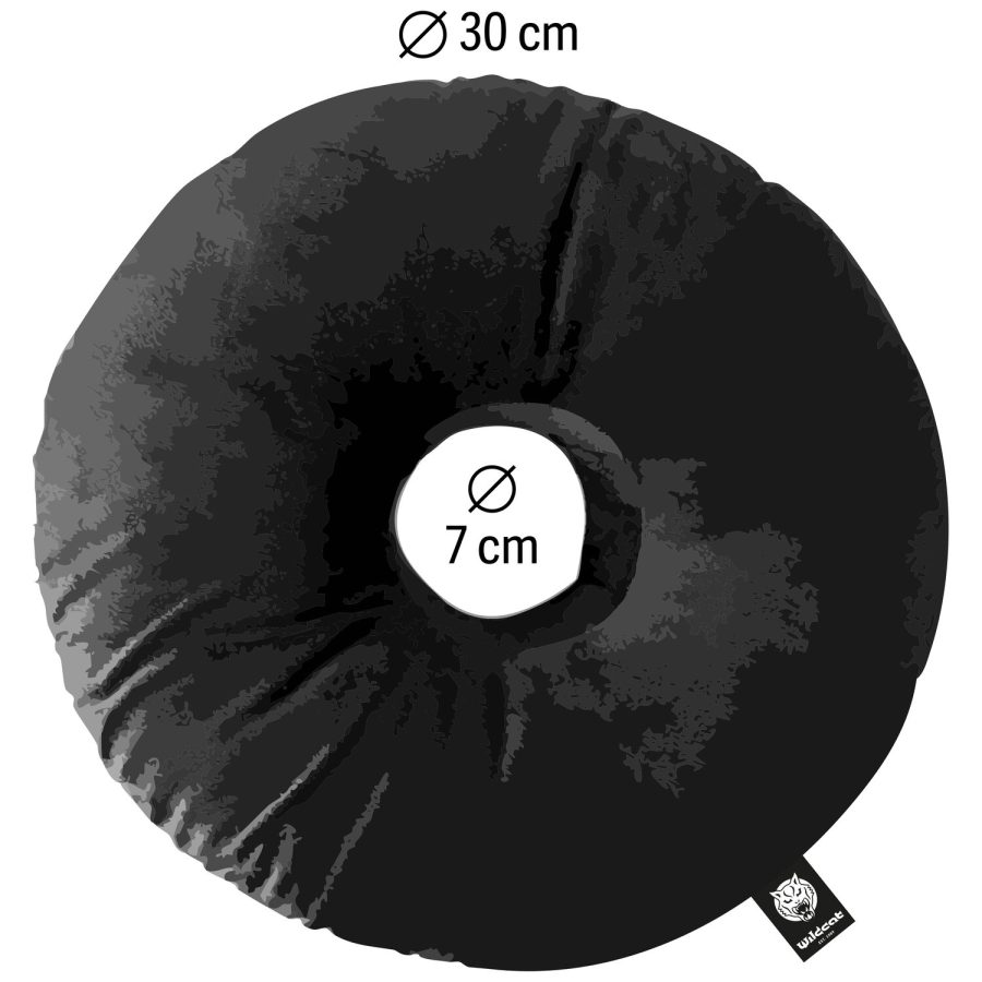 Rundes schwarzes Piercingkissen aus Polyester mit 30 cm Durchmesser, Wildcat-Logo-Etikett sichtbar