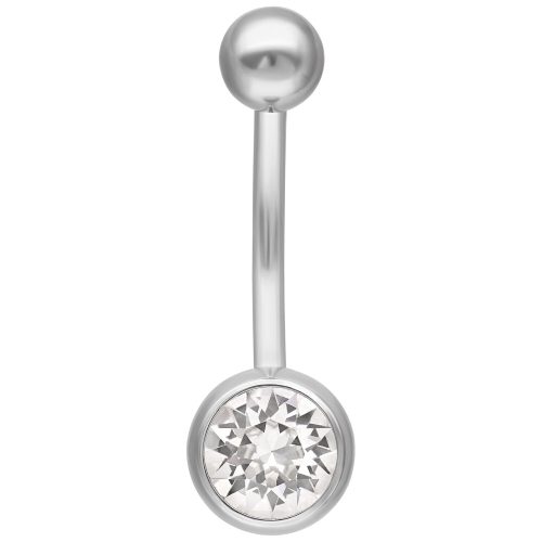 Silbernes Bauchnabelpiercing mit klarem Kristall auf weißem Hintergrund