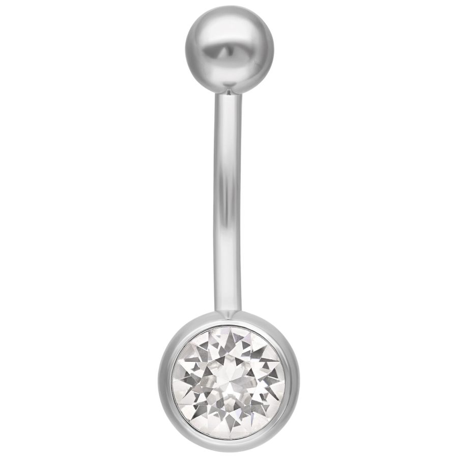 Silbernes Bauchnabelpiercing mit klarem Kristall auf weißem Hintergrund