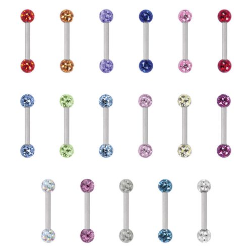 Sechzehn bunte Piercing Barbells aus Titan, jeweils mit zwei Kristallkugeln in verschiedenen Farben, auf weißem Hintergrund.
