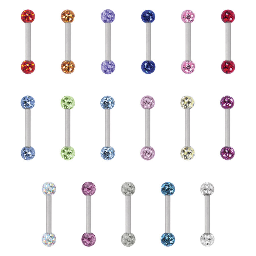 Sechzehn bunte Piercing Barbells aus Titan, jeweils mit zwei Kristallkugeln in verschiedenen Farben, auf weißem Hintergrund.