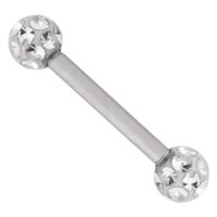 Silbernes Barbell-Piercing mit funkelnden Kristallkugeln auf weißem Hintergrund