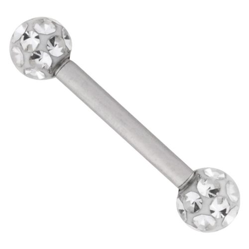 Silbernes Barbell-Piercing mit funkelnden Kristallkugeln auf weißem Hintergrund