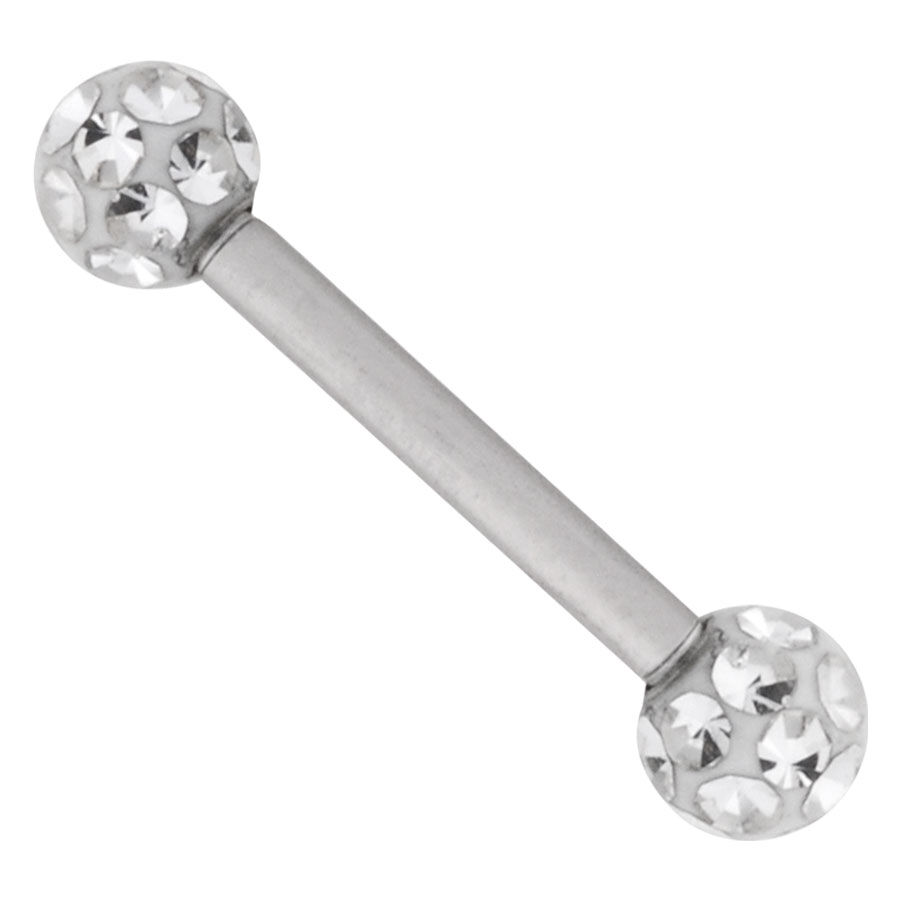 Silbernes Barbell-Piercing mit funkelnden Kristallkugeln auf weißem Hintergrund