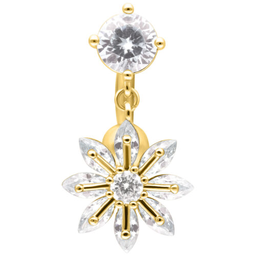 Goldenes Bauchnabelpiercing mit funkelndem Blumenanhänger und Kristallen auf weißem Hintergrund